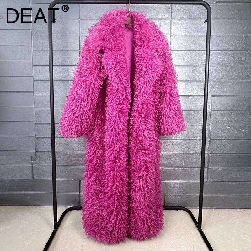 DEAT 2025 Autumn Winter New Fashion Beach Wool Faux Fur Coat For Women Suit Collar Solid Color Long Overcoat Female 11A07448 Z260313