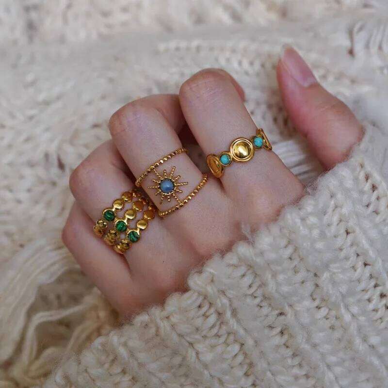 Bohemia Retro Multiple Layers Natural Stone Crystal Sun Rings Set for Women Charm Fashion Wedding Party Finger Hip Hop Jewelry H260312