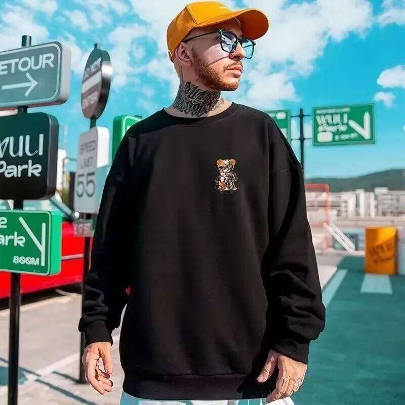 M-8XL Autumn Men Oversized Fashion Loose Steel Muppet Bear Print Sweatshirts Long Sleeve Plus Velvet Couple Clothes Z260314