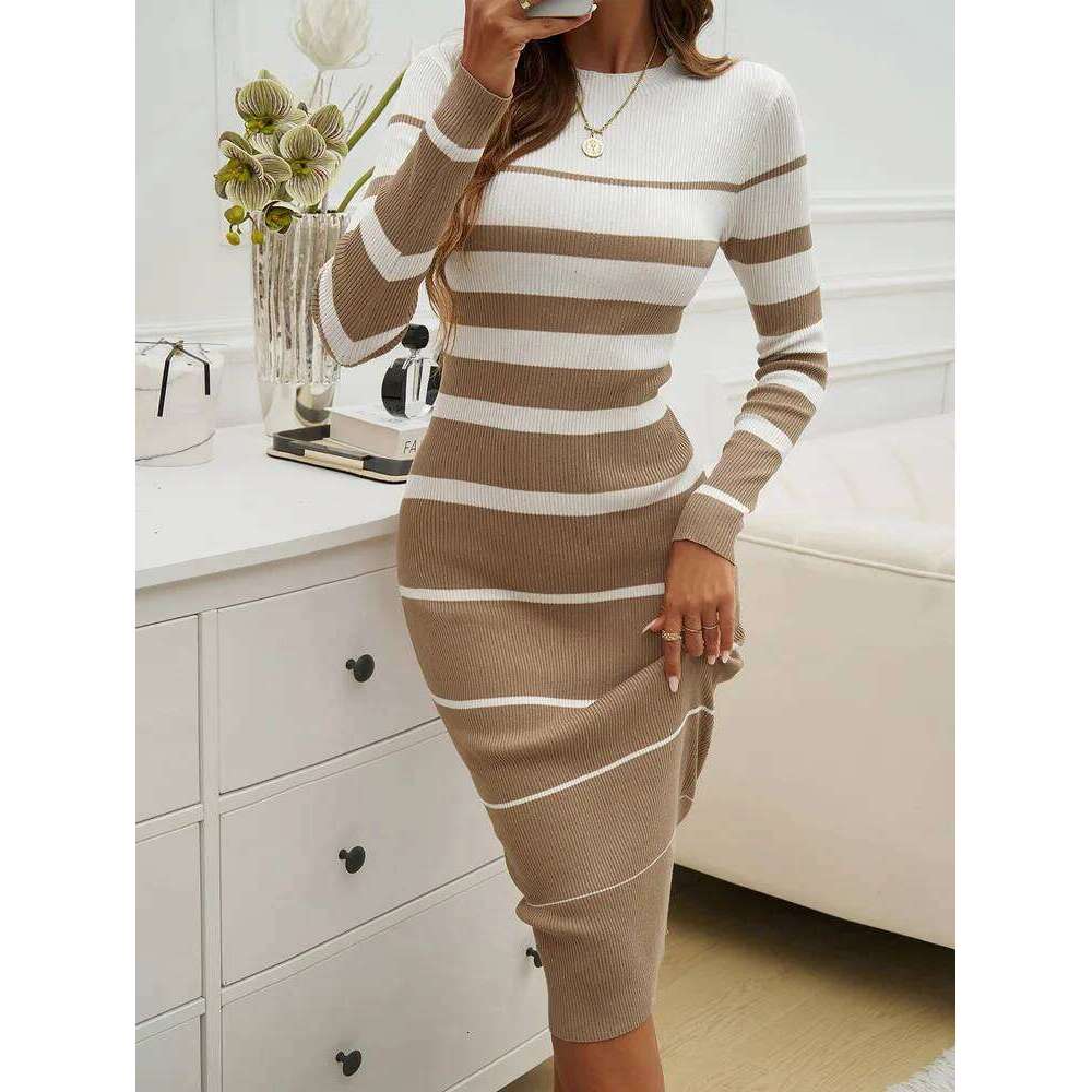 Office Ladies Knitted Elegant Striped Print Slim Long-sleeved Dress 2025 Autumn Winter Fashion New Z260314