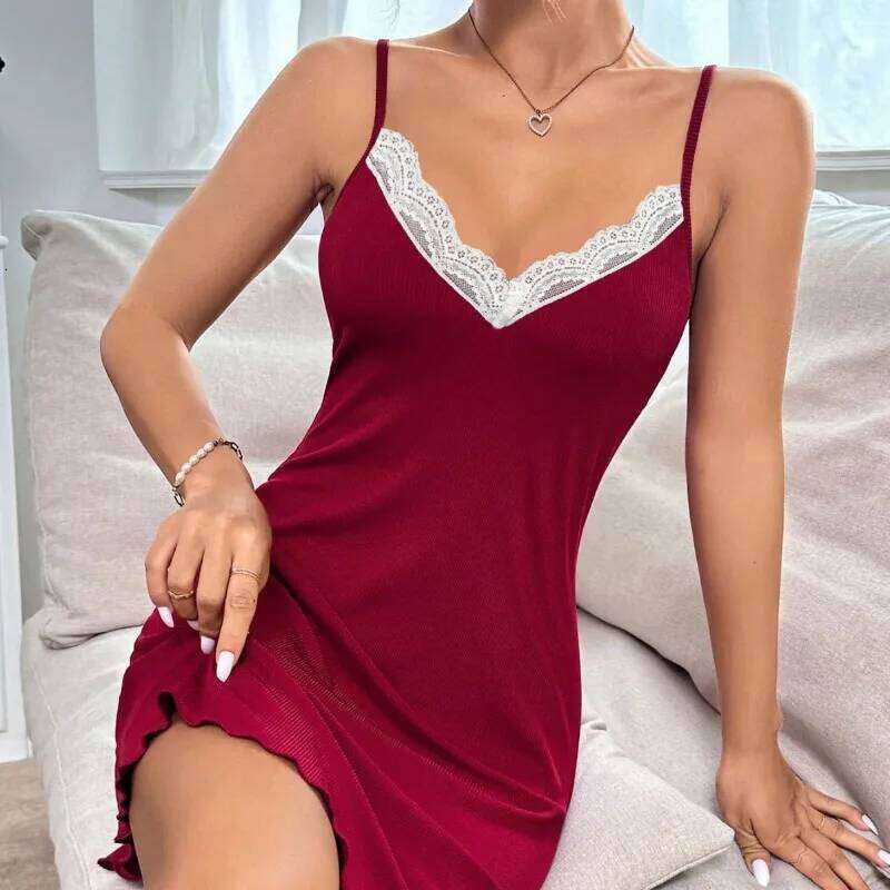 Women's Sexy Lace Sleep Summer Sleeveless Ribbed Nightgowns Women Casual Elastic Loungewear Mini Dress