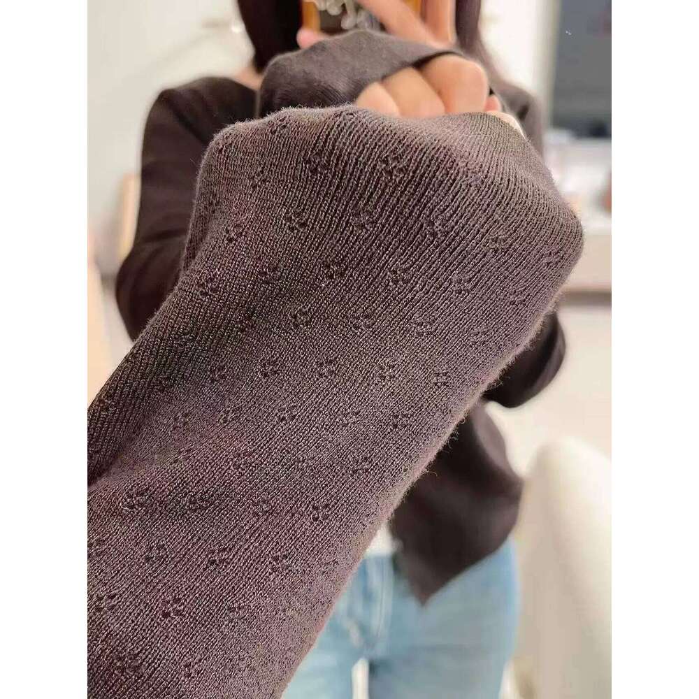 Brown Eyelet Knitted Cardigan Women Autumn New Casual Cotton Long Sleeve Sweater Coat Female Vintage Simple Basic Sweaters Tops Z260313