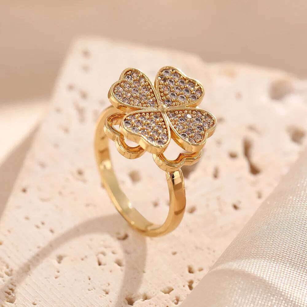 YILUOCD Four Leaf Cr Rotating Anxiety Cubic Zirconia Flower Adjustable Ring for Women Anti-Stress Fidget Jewelry Gift H260312