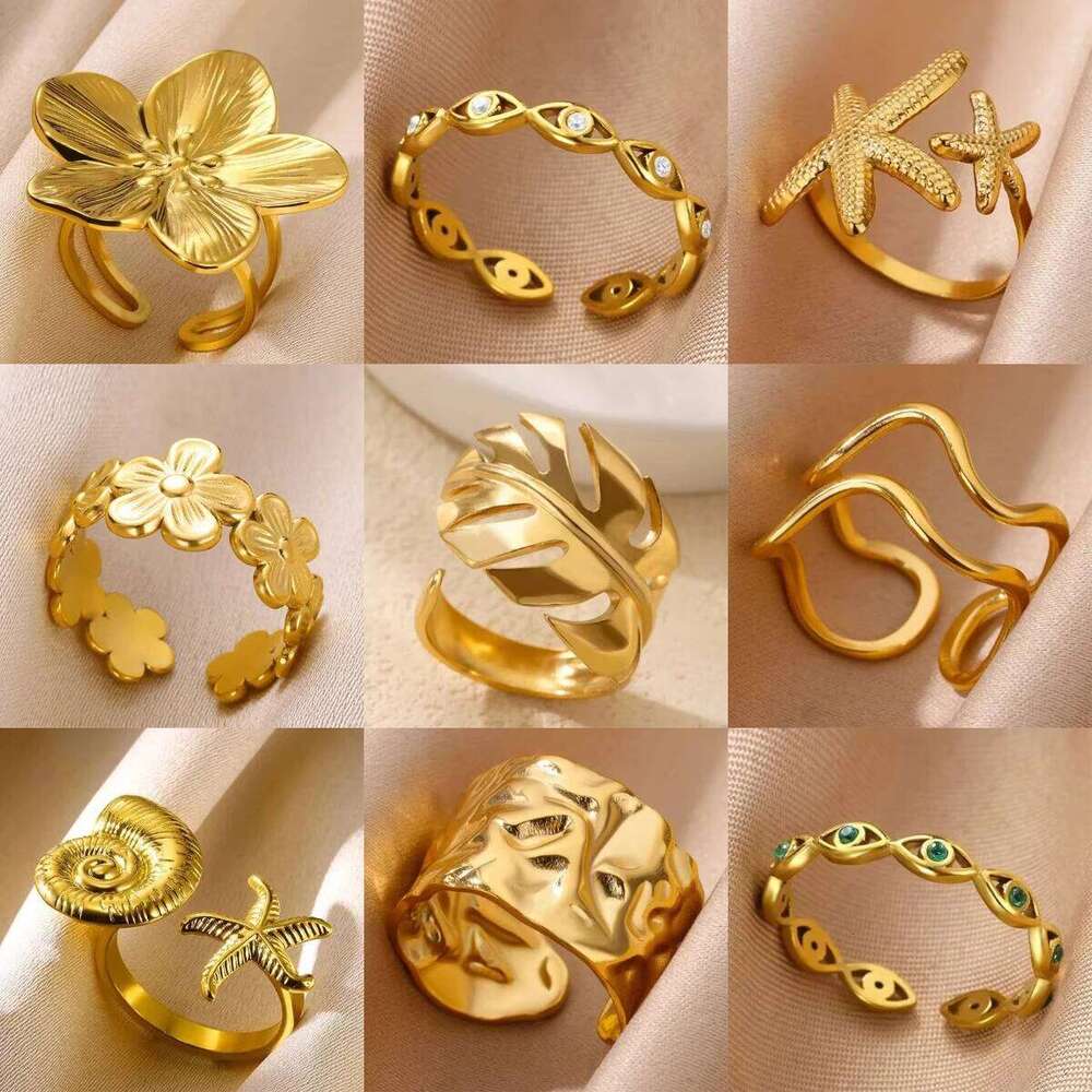 Stainless Steel Flower Open Rings For Women Trend Wedding Heart Jewelry Gold Color Geometric Hollow Ring Daily Accessories Gift H260312