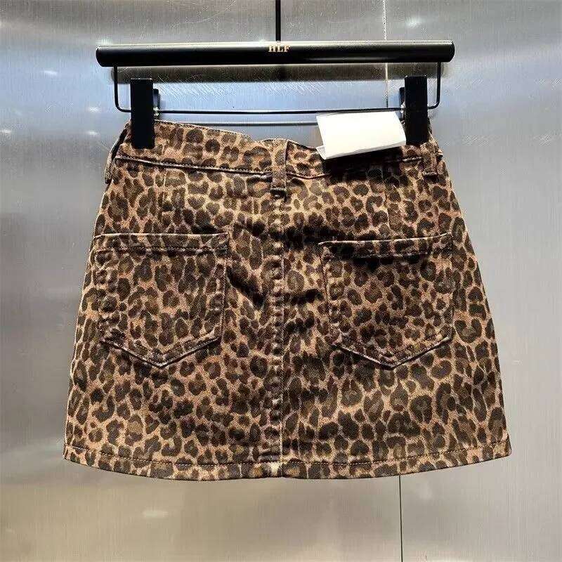 2025 Summer New American Fashion Women Elastic Coffee Leopard Print Denim Hip Hot Girl Patch Small Short Skirt Z260314