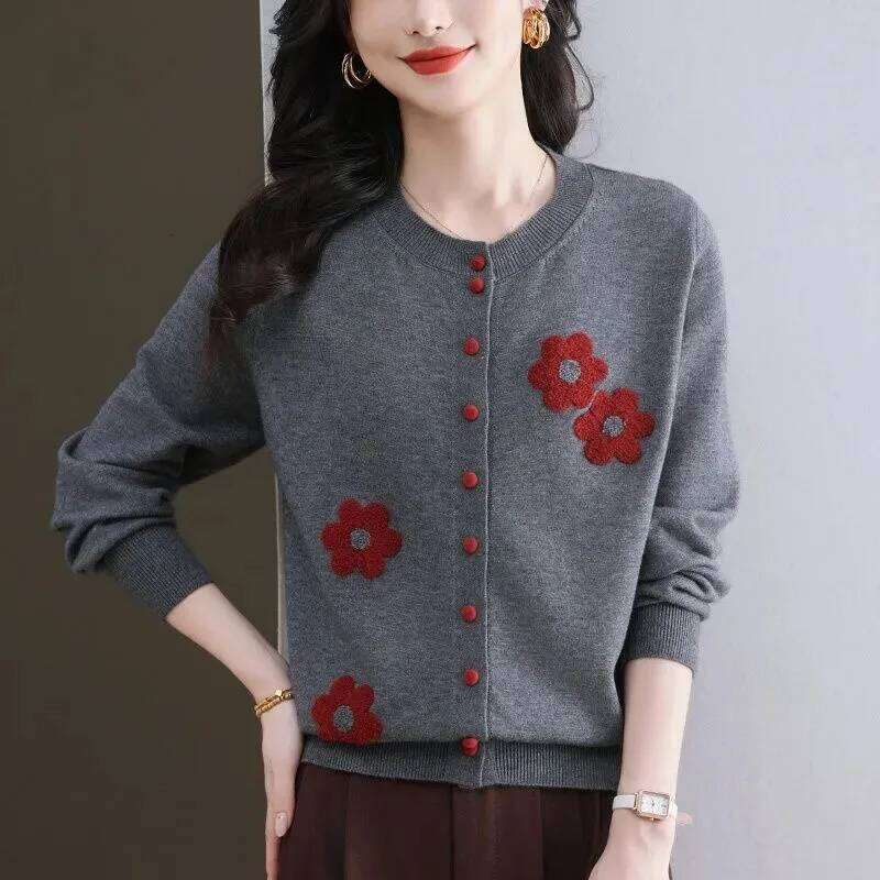 Flower Contrast Color Knitted Cardigan Round Neck Sweater Jacket Women's Top Z260313