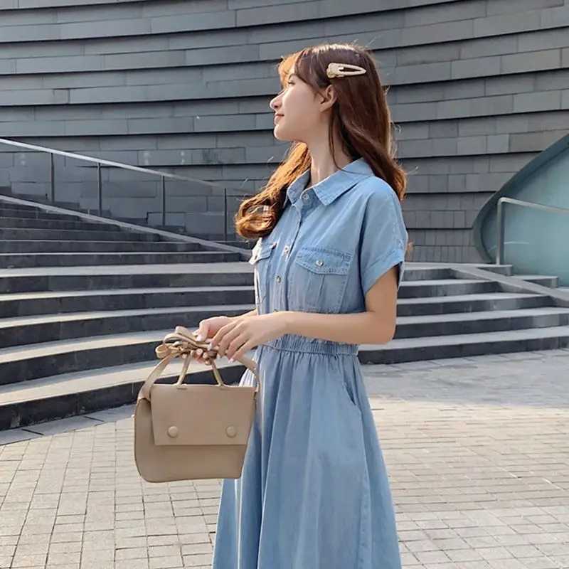Lightweight Denim-Like Womens Dress Summer New Korean Style High-Waisted Button-Front Shirt Dress Versatile Casual Midi DressT260314
