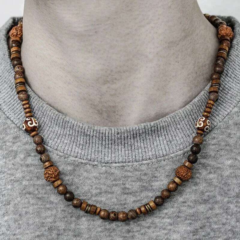 Wooden beaded necklace men's vacation, retro long beach walnut collarbone chain H260312