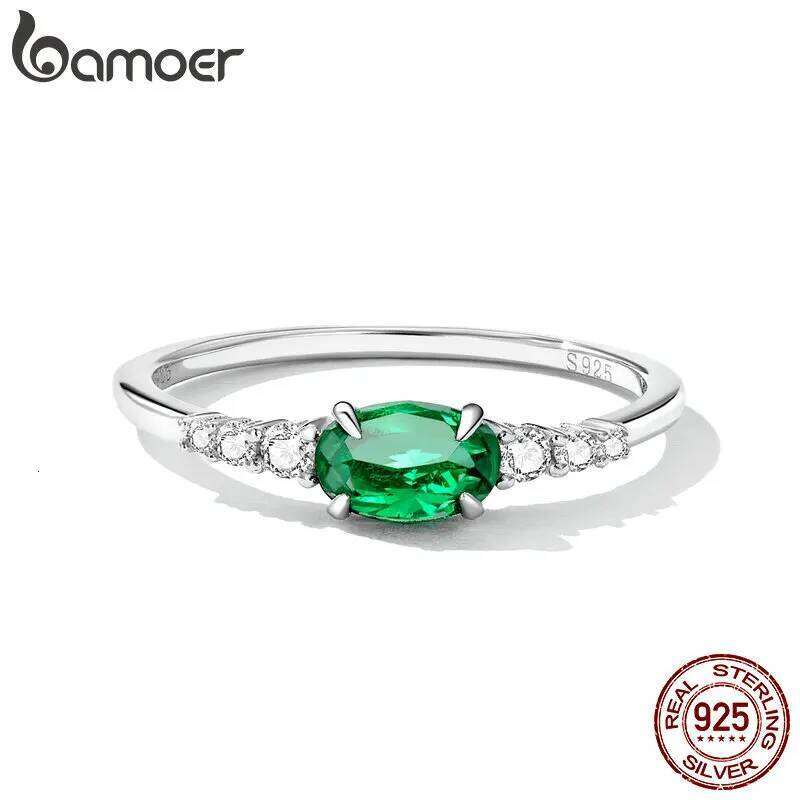 BAMOER 925 Sterling Silver Oval Gemstone for Women Green Pink Zirconium Prongs Setting Ring Wedding Bridal Jewelry Gift H260312