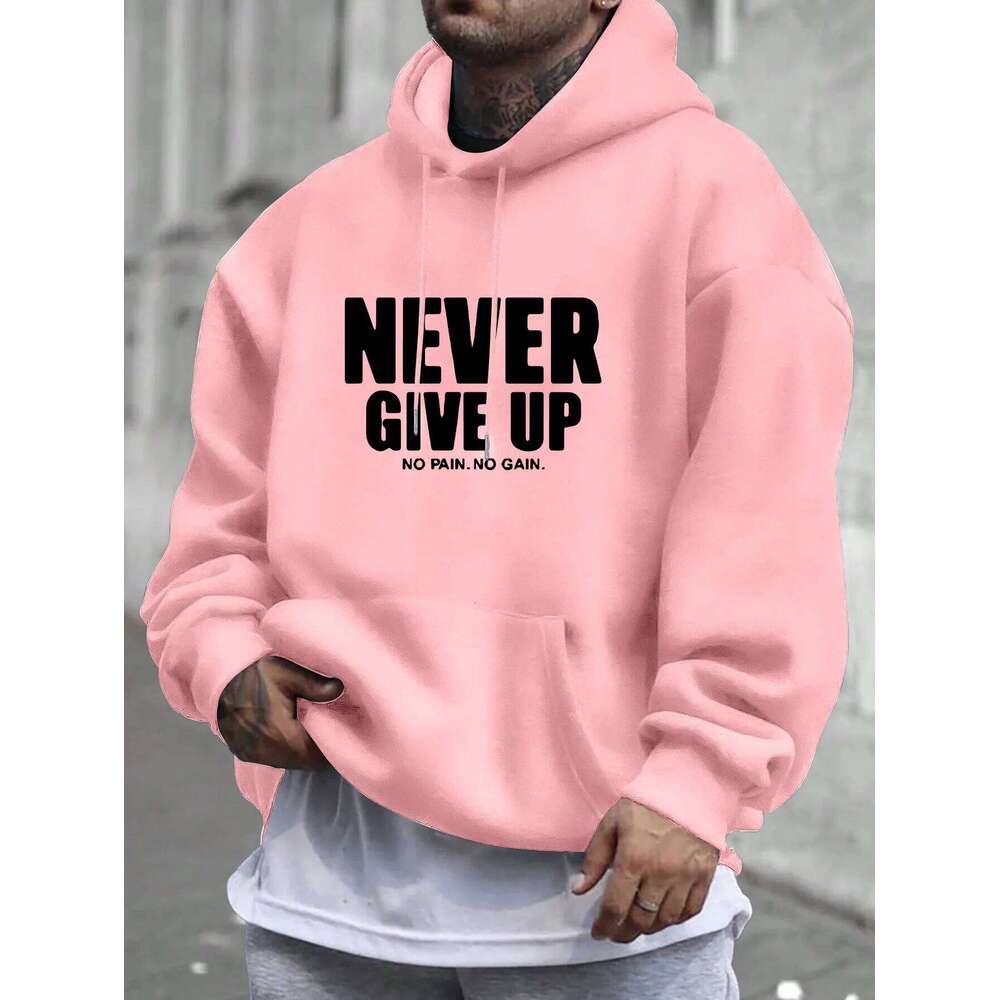 Men'S Never Give Up Print Fleece-Lined Pullover Kangaroo Pocket Stylish Streetwear Fall Casual Wear Hoodie Z260314
