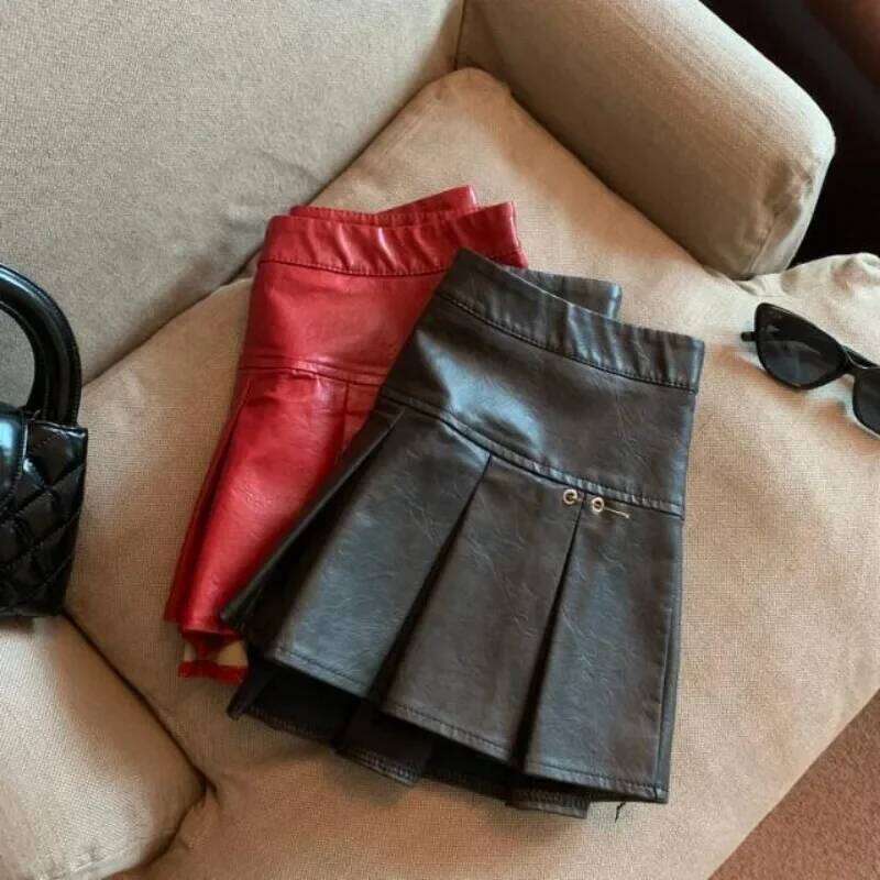 American PU Leather Pleated Women Slim High-waisted Design Mini Skirt Red Black Z260314