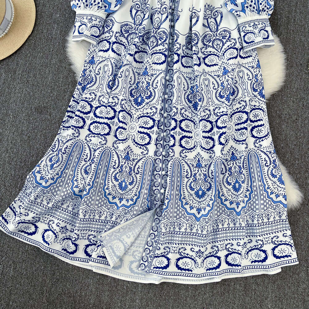 Spring and Autumn Vintage Palace Style Elegant Ruffle V-neck Single breasted Lantern Sleeve Waist A-line Printed Dress
