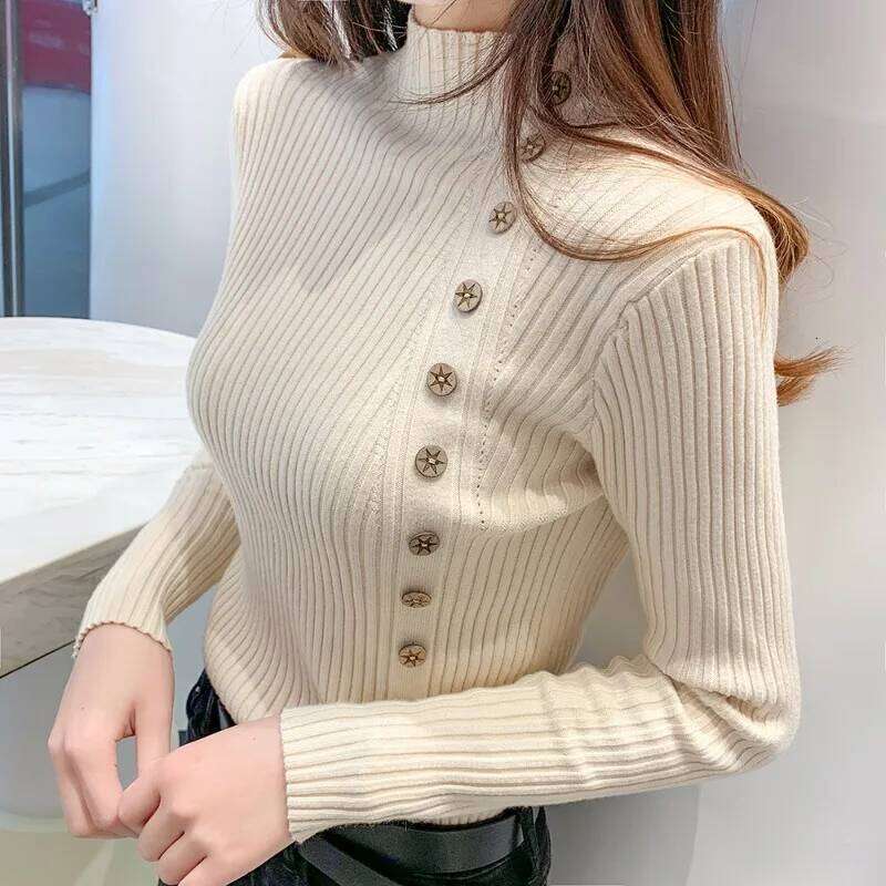 Spring Autumn Mock Neck Skinny Elastic Knitted Shirt Women Pullover Sweater Tops Female Long Sleeve Slim Knit Shirts Knitwear Z260313