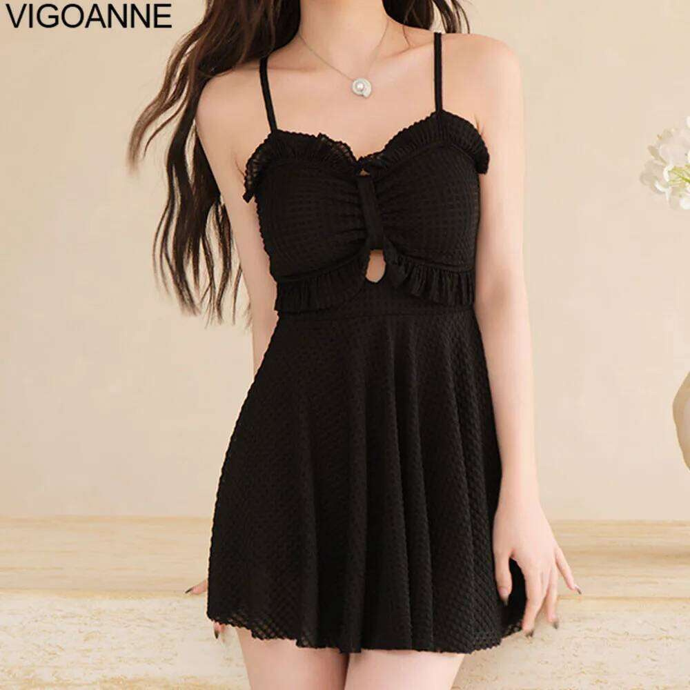 VigoAnne Korean 2 Solid Dress Swimwear Women 2026 Verge Push Up Swimsuit Sexy Hollow Monokini Beach Bathing Suit 26H0313