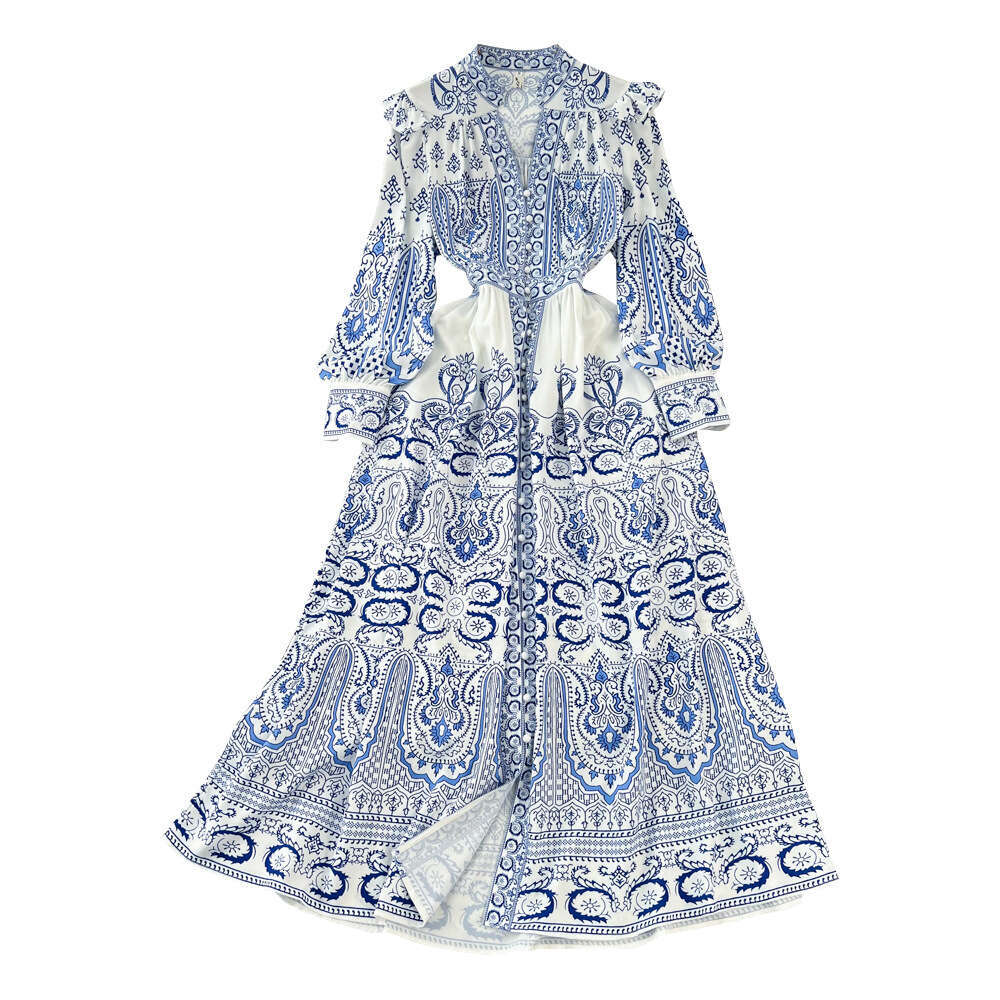 Spring and Autumn Vintage Palace Style Elegant Ruffle V-neck Single breasted Lantern Sleeve Waist A-line Printed Dress