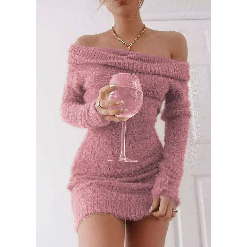 Sexy French Knitted Long Sleeve Pink Y2k Vintage Winter Clothes Slim Knitwear Vestido Off Shoulder Women Sweater Bodycon Dress Z260313