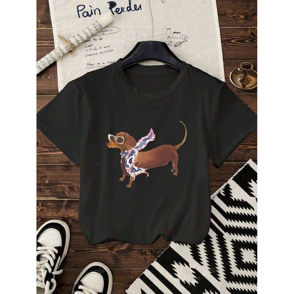 Fun Sausage Dog Printed Cotton T-shirt Summer Women's Leisure Home Travel Tee Round Neck Comfortable Breathable Y2k Top Z260314