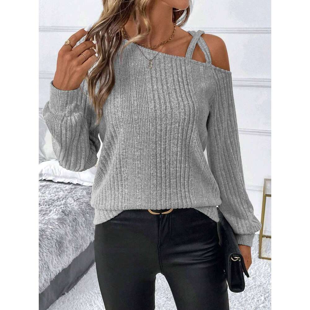 Women's Ribbed off-the-shoulder neck thermal-lined pullover sweater, suitable for daily wear in autumn and winter. Z260313