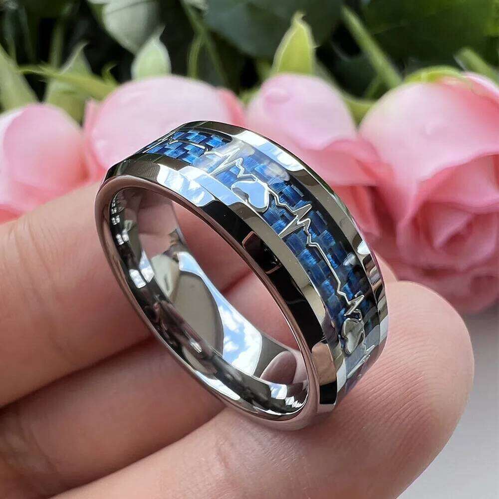 Fashion 8mm SilverBlue Carbon Fiber Heart Inlay Tungsten Carbide Engagement Rings Wedding Bands Domed Polished Shiny Comfort Fit H260312