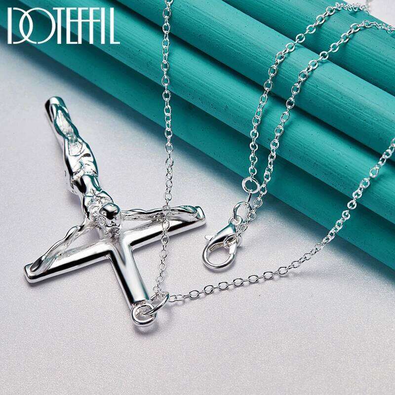 DOTEFFIL Silver Color Jesus Cross Pendant Necklace 16/18/20/22/24/26/30 Inch Chain For Woman Man Charm Wedding Jewelry H260312