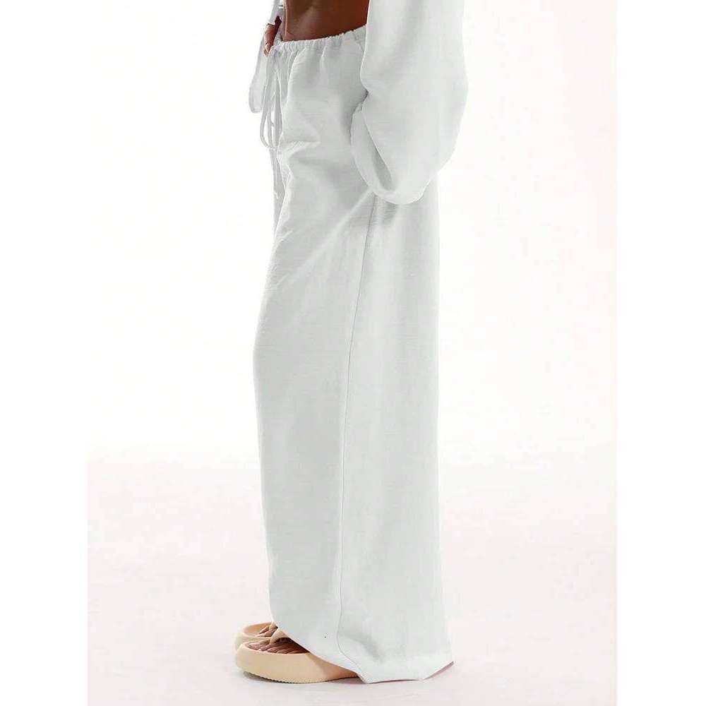 Casual Oversized White Solid Wide Leg Pants Fashion Women Elastic High Waist Pocket Baggy Sweatpant Office Lady Commute Trousers