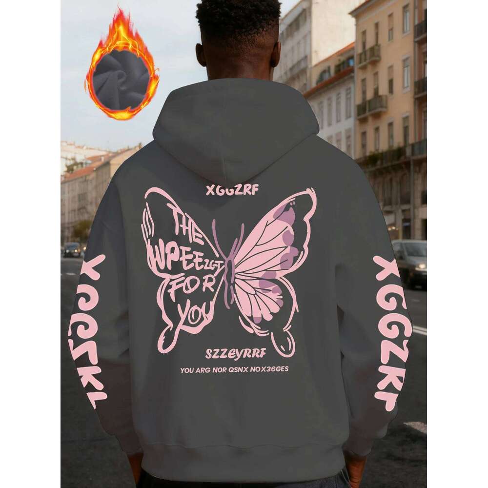 Butterfly Wing Print Trend Men Women Hooded Sweatshirt Autumn Winter Daily Outdoor Vacation Fitness Casual Loose Warm Sportswear Z260314