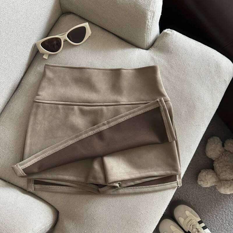 Solid Color Suede Women's Autumn Winter Fashion High Waisted A-Line Bodycon Flared Slit Short Pants Skirt Z260314