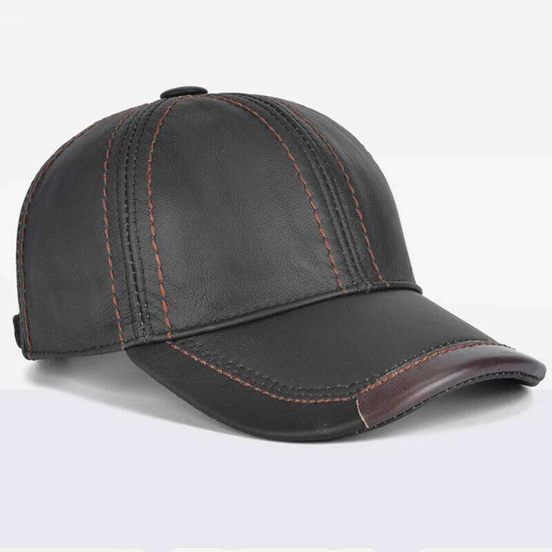 Men Cowhide Earlap Caps Male Fall Winter 100% Cow Hats New Casual Real Leather Outdoor Baseball Cap Z260314