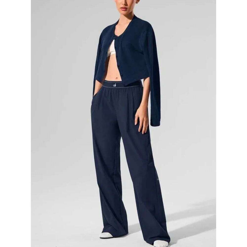 Yoga Sports Wide Leg Pants Thin Casual Loose Navy Blue Baggy Sweatpants Elastic Waist Solid Fitness Joggers Trousers Women