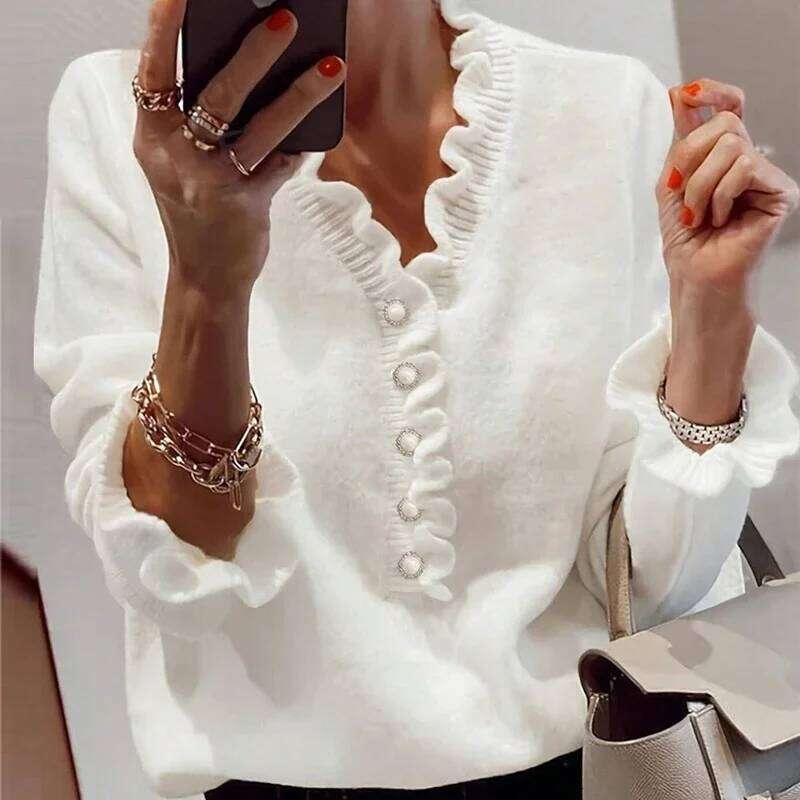 2024 Fall Winter Color Contrasting Knitted Casual Ruffle Button Long Sleeve Elegant Lady V-neck Commuter Sweater Z260314