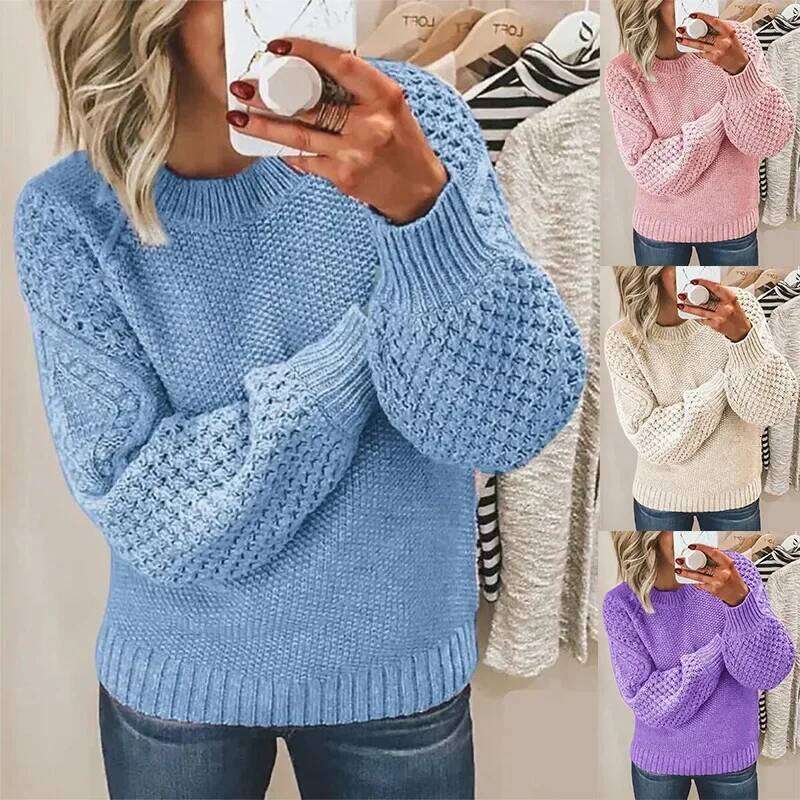Women Sweaters Solid Knit Thick Splice Pullovers Sweater Full Sleeve Regular Vintage Elegant Lady Casual Winter Streetwear Z260314