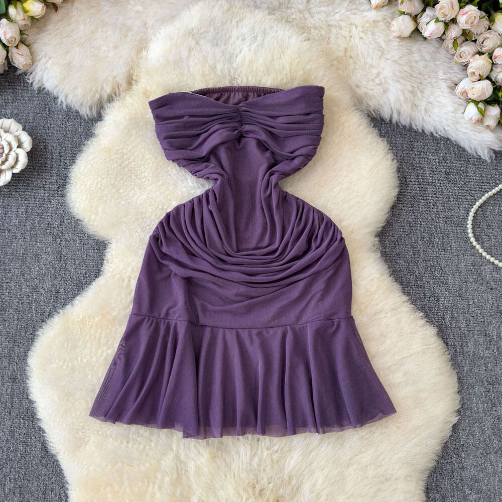 2026 French Elegant Women's Sexy Mesh Ruffle Strapless Dress with Waist Waist, Slimming Belt and Ruffle Tight corset
