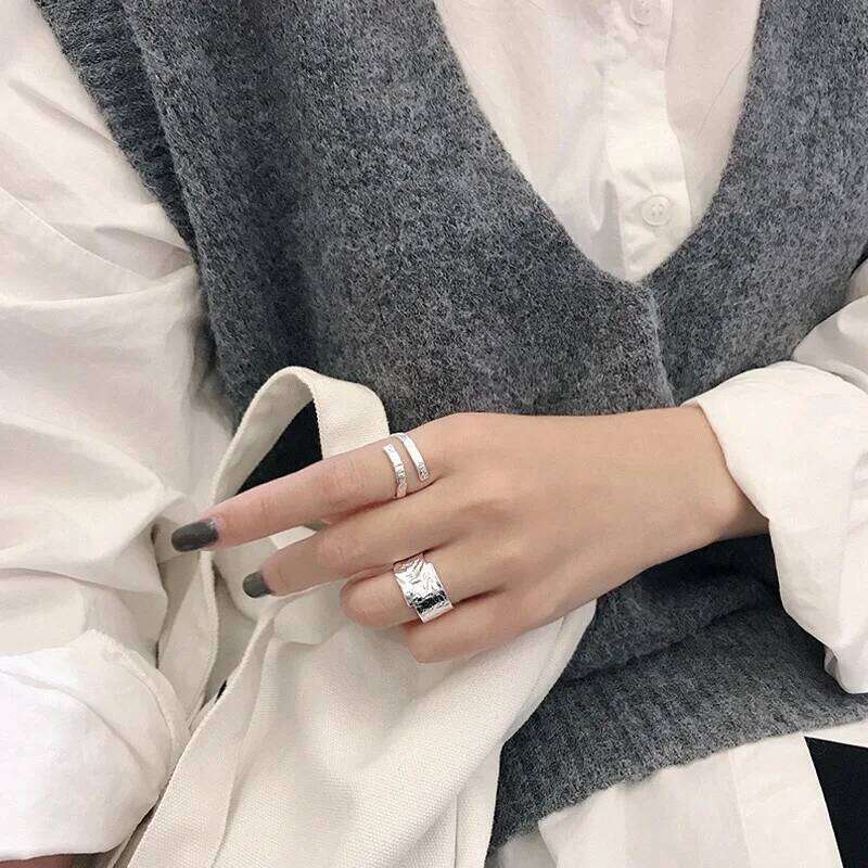 Wide 925 Sterling Open Ring for Women INS & Silver Color Gold Foil Concave-convex Irregular Face H260312