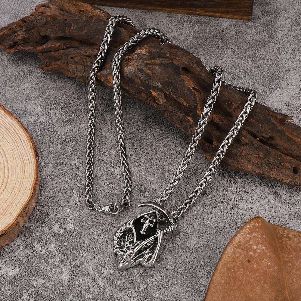 New Vintage Skull Grim Reaper Scythe Pendant Fashion Punk Style Hip-Hop Versatile Men's Necklace H260312