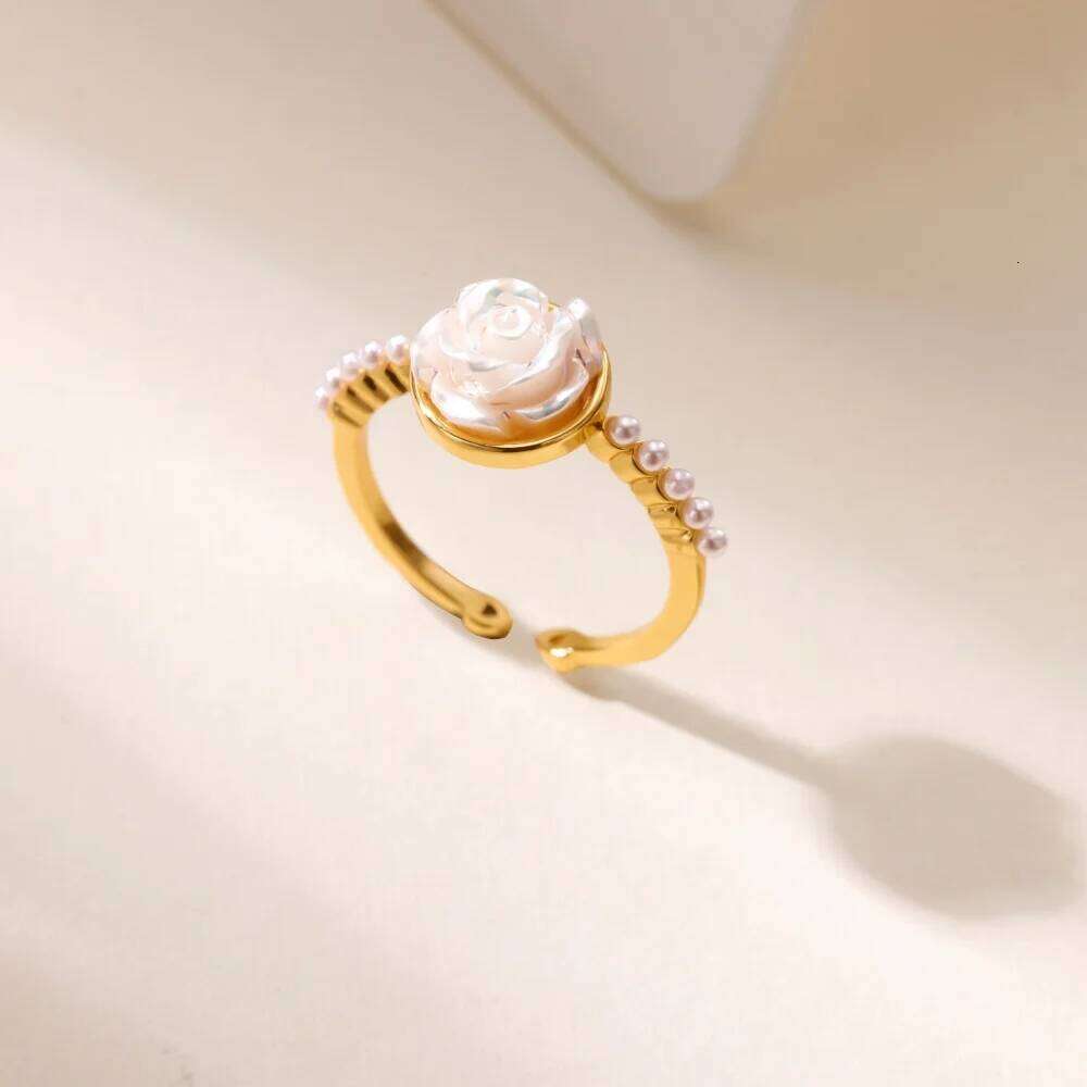 Stainless Steel Crystal Zircon Flower Rings For Women Fashion Imitation Pearl Gold Color Open Finger Ring Aesthetic Jewelry Gift H260312