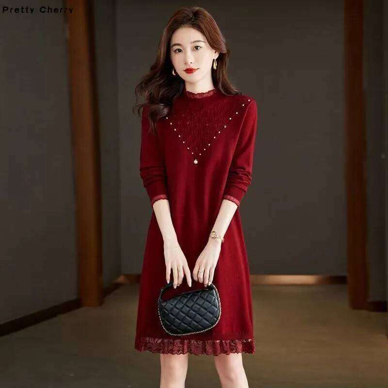 2025 Autumn Winter Women's Lace Stitching Dress Over The Knee Long Female Sweater Skirt Knitted Round Neck With Vestidos Z260314