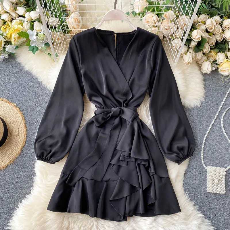 Slimming V-Neck Long Sleeve Lantern Sleeve Dress A- Line Skirt High Waist Polyester Fiber Short Dress OL Commute Pure ColorT260314