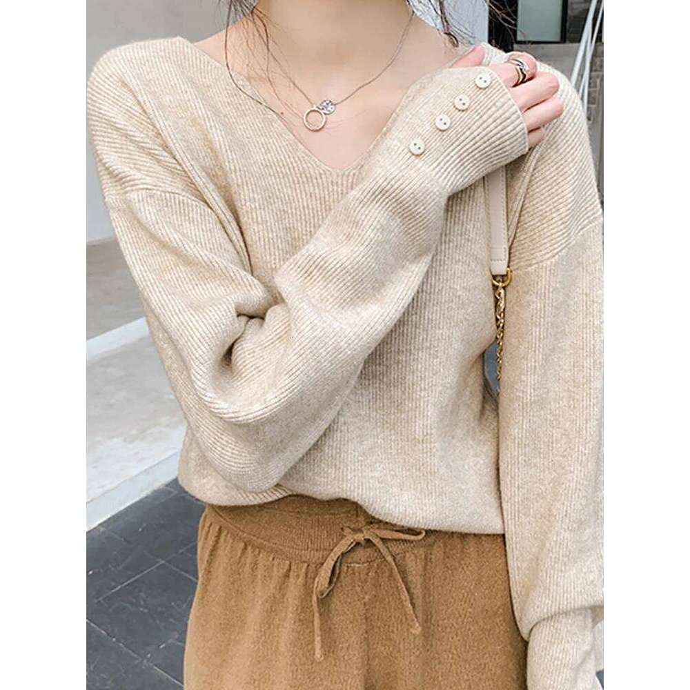 2025 Autumn Winter V Neck Pullovers Loose Button Pullover Women Soft Sweater Jumper Fashion Tops Z260313