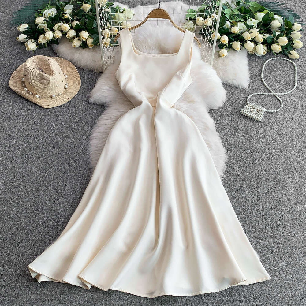 Designer French high-end satin elegant square neck women's sleeveless A12 dress summer waist cinching slim fit long dress