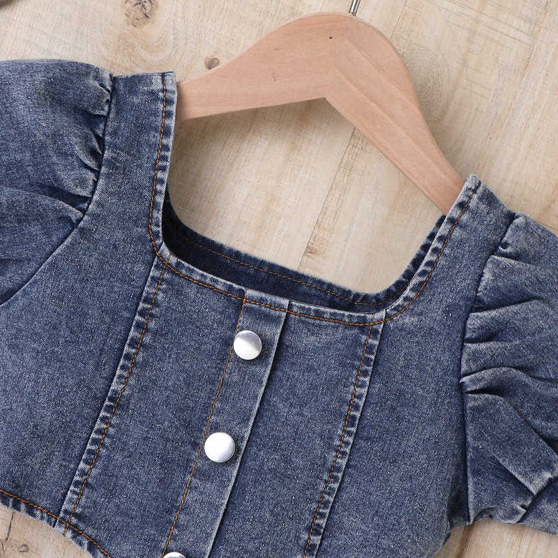 Clothing Sets Girls' summer clothing ruffled collar lantern sleeve top multi-button denim suit with puff sleeves