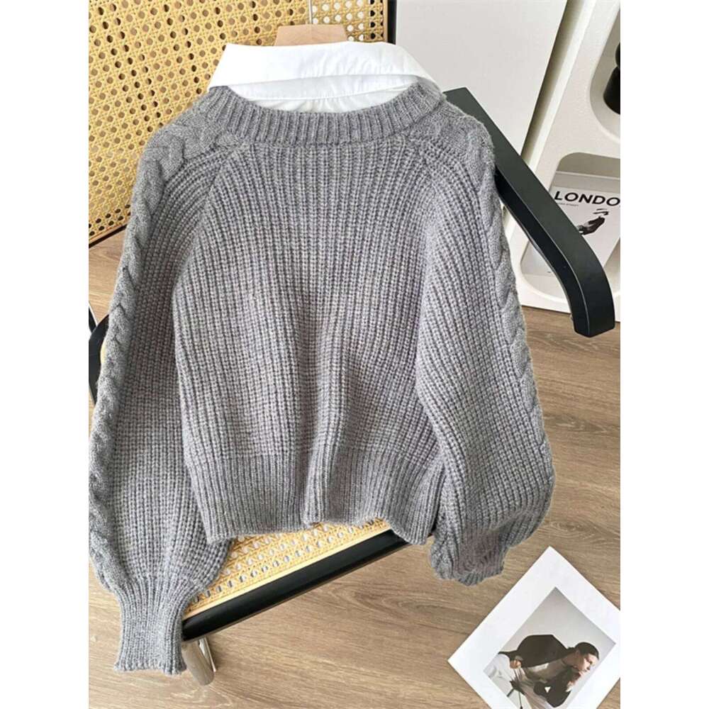 Fake Two Shirts Splicing Sweater Women's Spring Autumn New Contrast Color Design Sense Flip Collar Loose Outer Knitted Top Z260313