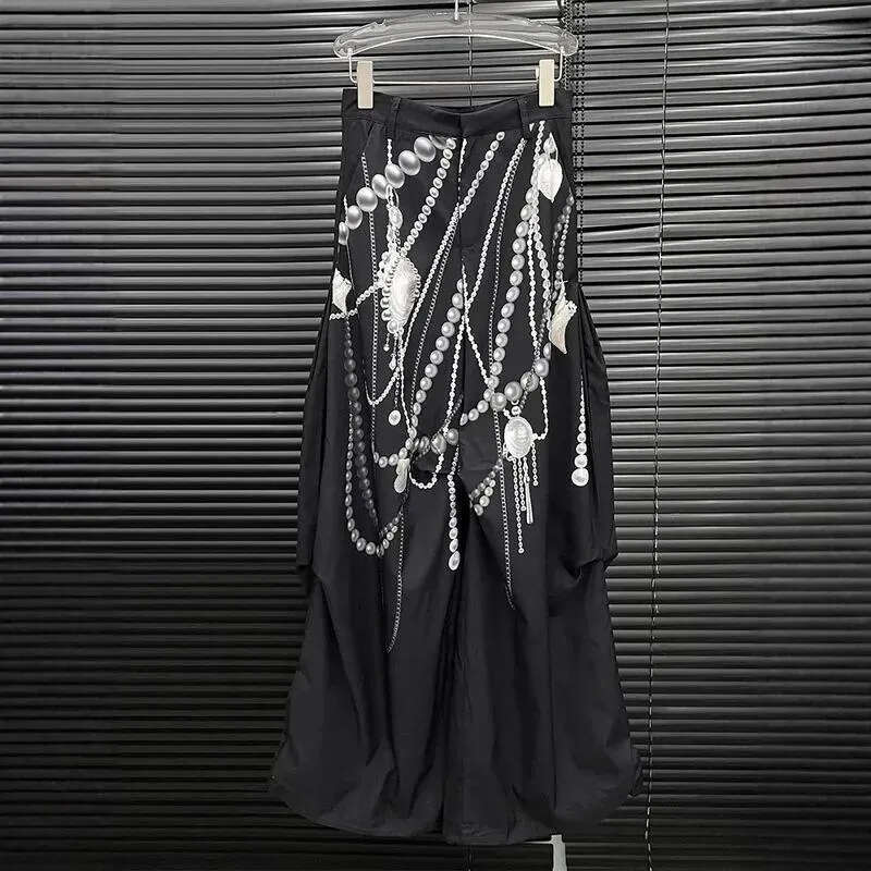 Women's Pants WTHT Fashion Pearl Print Design Casual 2025 Summer Trendy High Waist Wide Leg Straight Trousers Female 1LS1658 Z260314