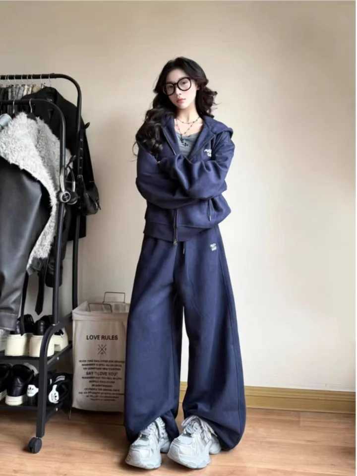 Hong Kong Style Zipper Open Cardigan Set Womens Korean Version Spring Autumn Casual Sports Hooded Two-Piece Trendy Student Wear M260313