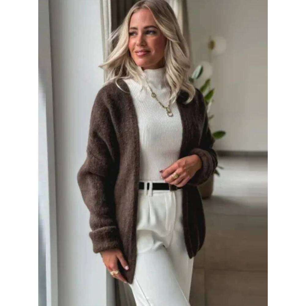 Casual Lantern Sleeve Cardigan V-neck Loose Long Sleeves Drop Shoulder Solid Short Sweater Autumn Winter 2025 All-match Sweaters Z260313