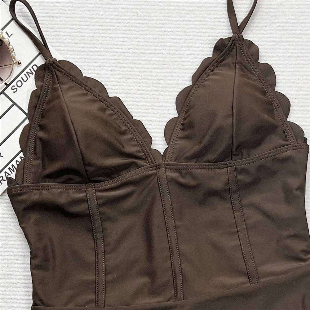 Dark Brown Solid Swimwear Sexy One Piece Swimsuit Woman 2025 Deep V Neck Petal Edge Bathing Suit Bandage Slim Swimming Wear Y260303