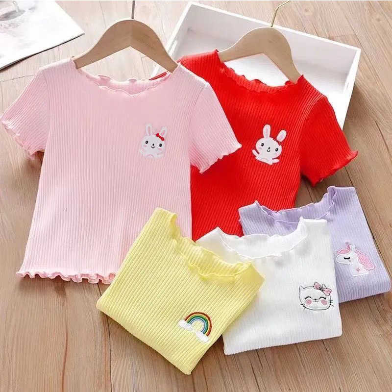 Women's Knits & Tees Ice silk new sweet children's short-sleeve t-shirt summer outfit with ruffled edges cute and stylish top for little gir