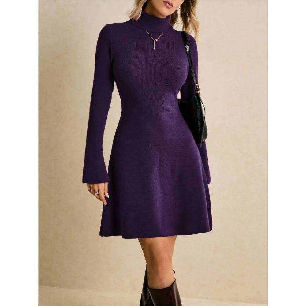 Fashion High-neck Flared Sleeve Knitted Sweater Women's Slimming Elegant Female Hip-hugging Tie One-piece Short Dress 2026 Z260313