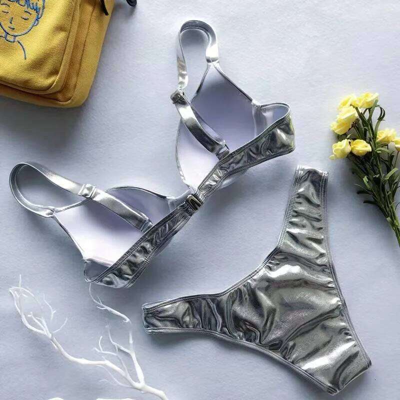 Silver Bright Leather Bikinis 2023 Push Up Bikini Set Female Swimsuit Women Swimwear Bather Bathing Suit Biquini Y260303