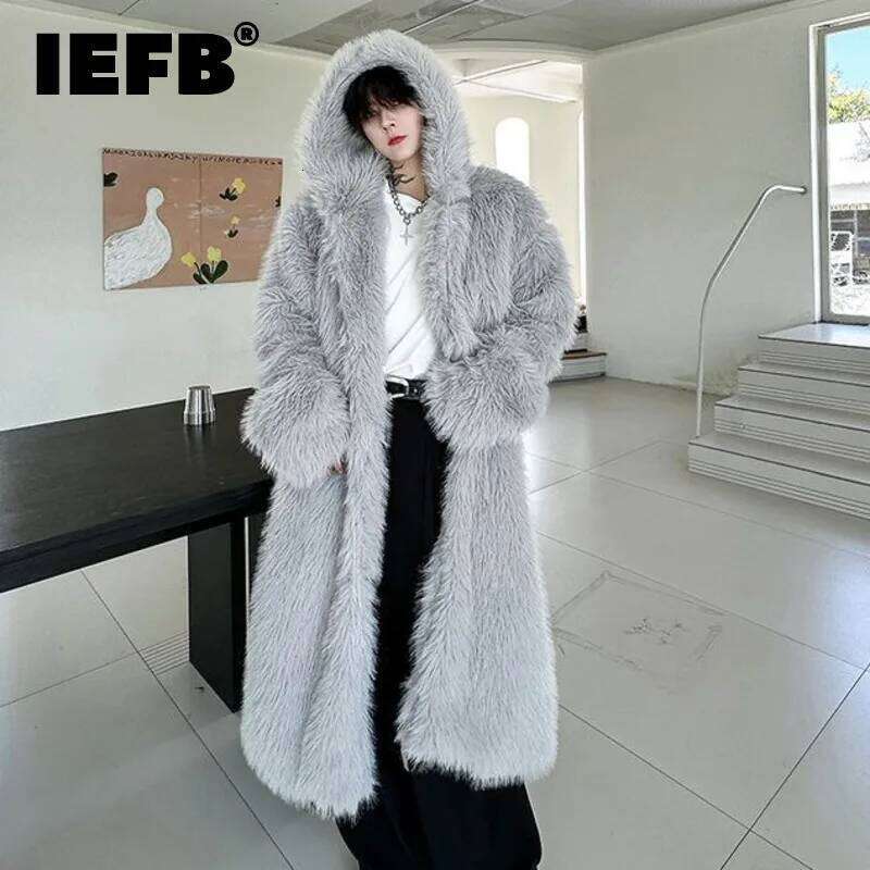 IEFB Niche Design Men's Artificial Fur Coats Hooded Solid Color Covered Button Overknee Thickened Loose Male Overcoats 9X1158 Z260313