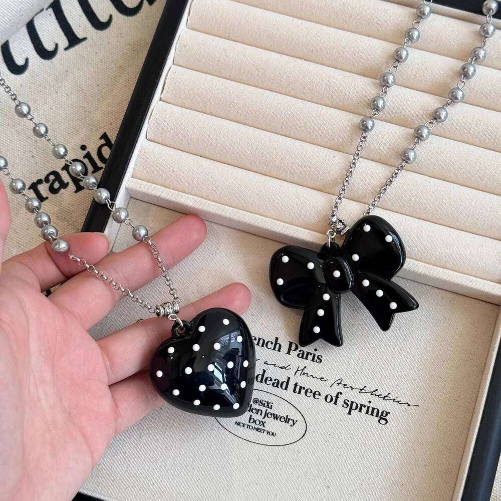 Black Polka Dot Butterfly Knot Pearl Necklace Women's Long Clavicle Chain Versatile Design Sensation Accessory Handmade Craft H260312